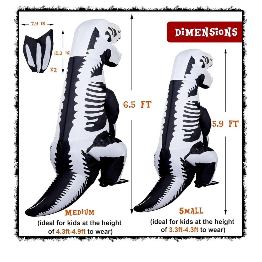 Lulu Home Inflatable Skeleton T-Rex Costume Kids Black Dinosaur 6.5FT 21224B K1 - Picture 3 of 13